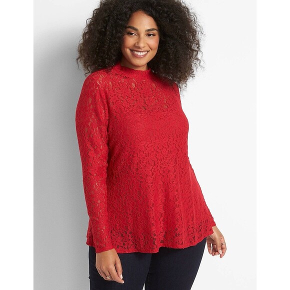 Lane Bryant Women Plus Long Sleeve Mock Neck Lace Swing Top Red Size 14/16 NWOT - Picture 1 of 11